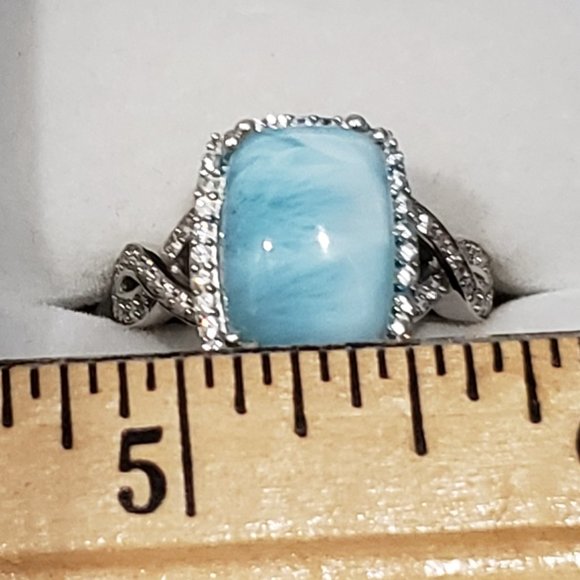 Larimar & White Zircon split shank halo ring Platinum over 925 Sterling 8 cts - Picture 2 of 5